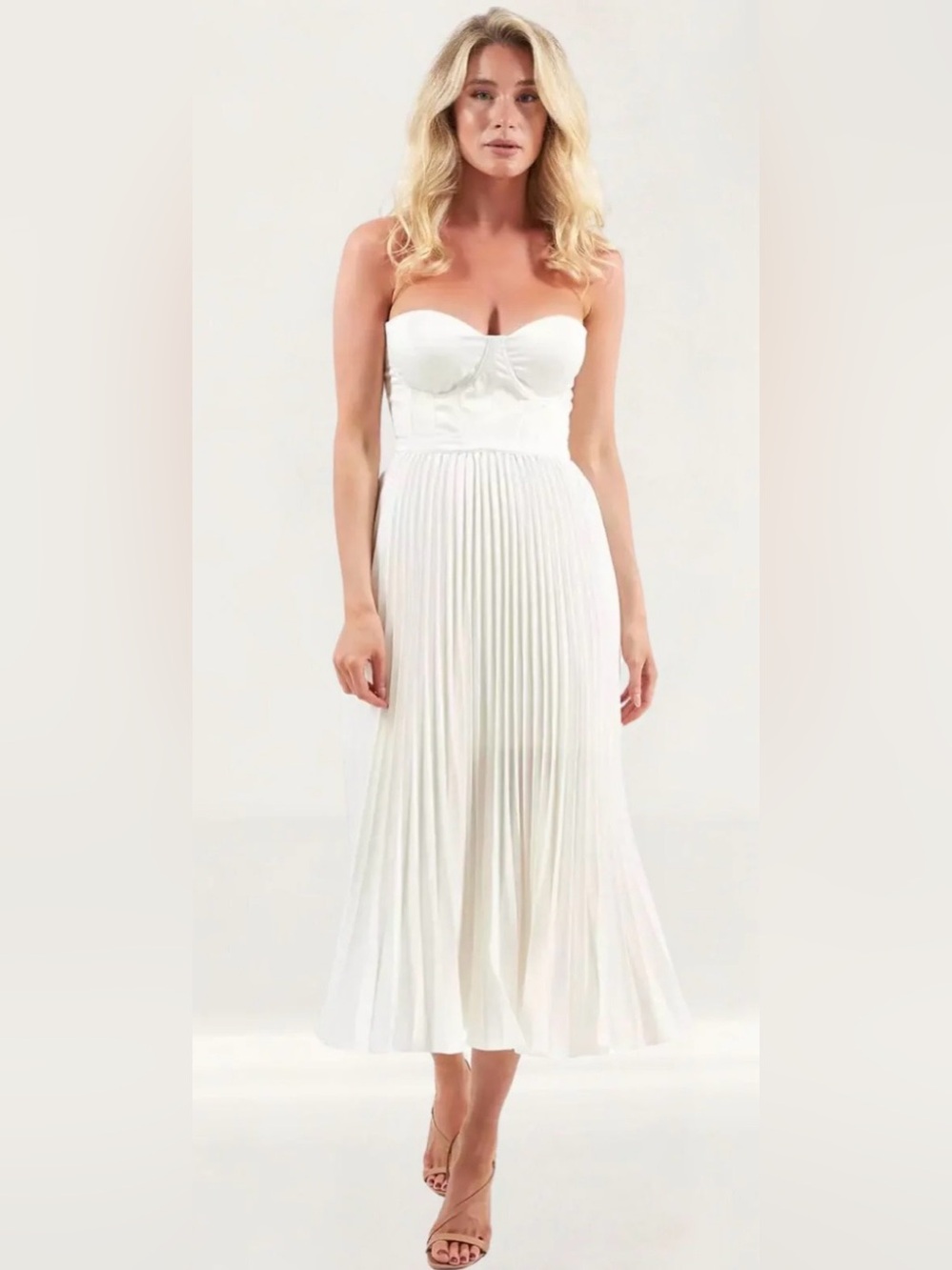 Strapless White Pleated Midi Dress